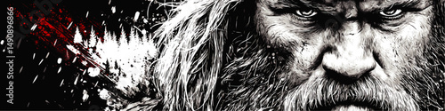 Dramatic Detailed Vector Illustration of Tough Warrior Face in Monochrome Style with Intense Eyes, Beard, Forest Background and Red Color Accent for Powerful Designs