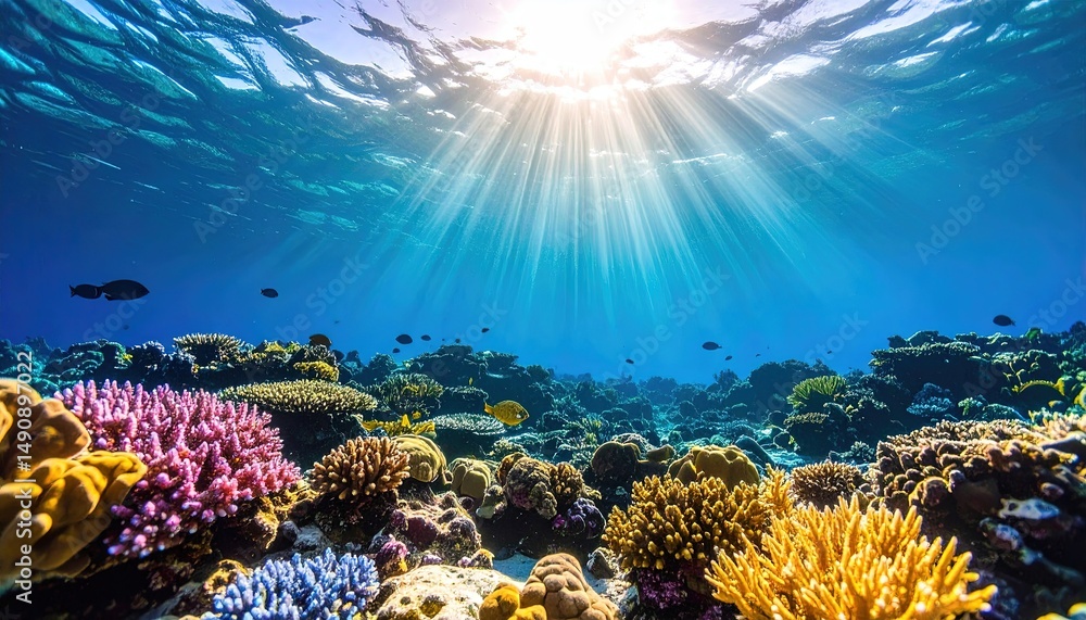 Fototapeta premium Underwater Coral Reef Sunlight.