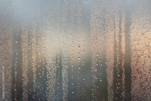 Raindrops on Glass: A close-up of raindrops clinging to a glass surface, blurring the city skyline behind. The soft glow of the setting sun creates a hazy, romantic ambiance.