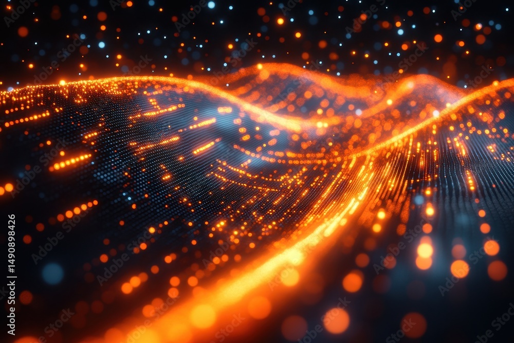 Obraz premium Glistening waves of digital particles creating an abstract flowing pattern at night