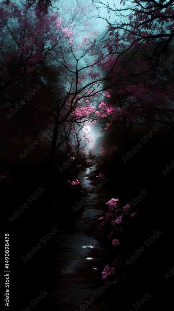 Obraz premium Enchanting twilight glow reveals a hidden pathway through mystical blooms on planet Earth