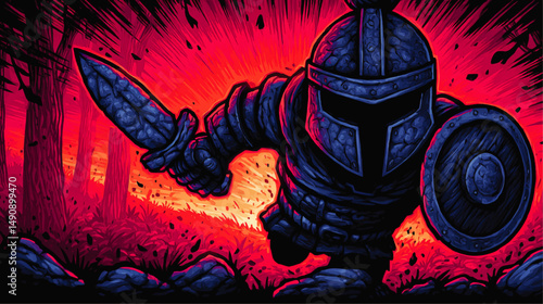 Epic Vector Illustration of Medieval Knight Warrior Charging into Battle with Sword and Shield Against Fiery Forest Background Perfect for Gaming Fantasy Themes