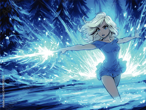Fantasy Vector Illustration of Mystical Magical Warrior Princes Casting Powerful Blue Magic Spells in Enchanted Frost Forest Scene with Snowy Sparkling Bright Effects