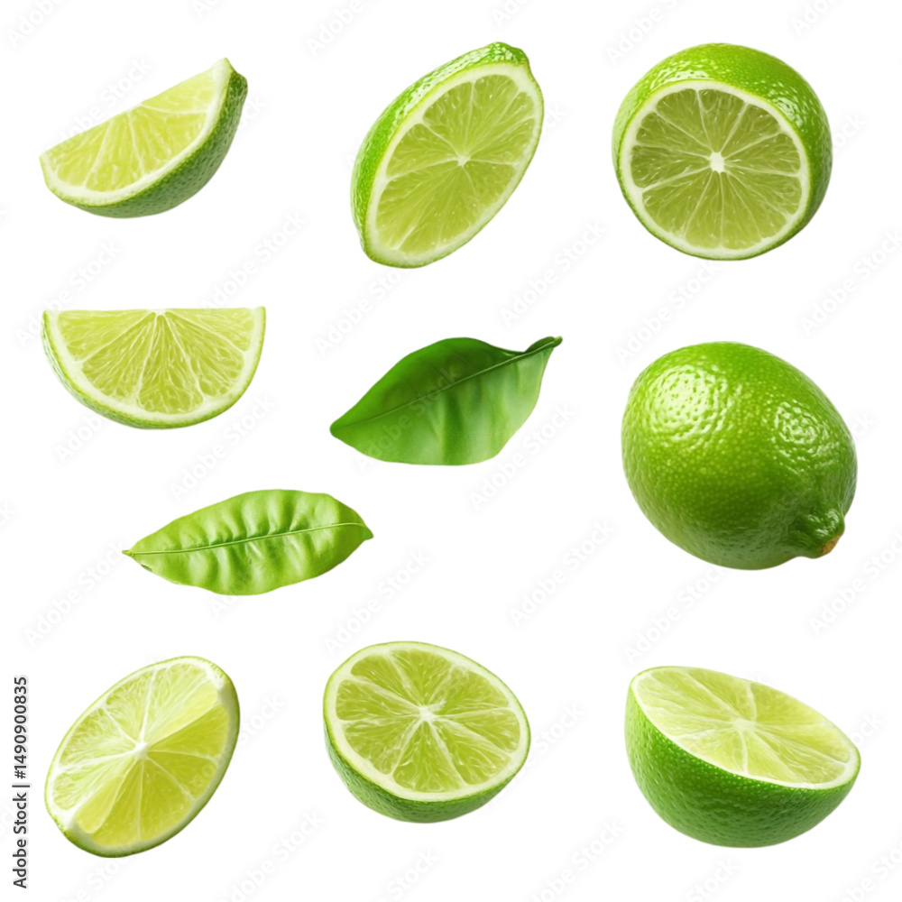 Fresh limes and green leaves on a vibrant background Fresh limes and green leaves on a vibrant background