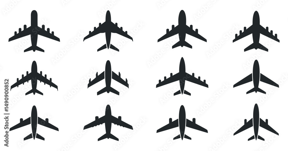 Twelve Airplane Icons Set Top View Different Designs Airplanes Vector Illustration Twelve Airplane Icons Set Top View Different Designs Airplanes Vector Illustration