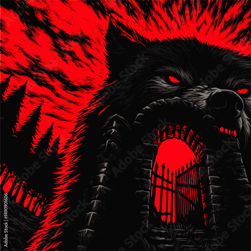 Dark Horror Vector Illustration of Evil Werewolf with Red Eyes Emerging from Gothic Castle Gates under Red Twilight Sky for Halloween Posters and Scary Themes Design