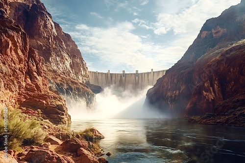 Hoover dam releasing water into colorado river on sunny day