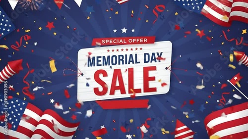 Memorial Day Sale Banner with American Flags, Confetti, and Fireworks: A Patriotic Celebration of Special Offers and Savings for the Holiday Weekend