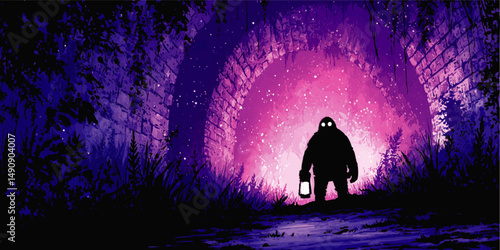 Mystical Vector Illustration of Mysterious Creature Holding Lantern in Magical Fantasy Scene with Purple Glow Ancient Arches Forest Nighttime Ambience and Starry Sky