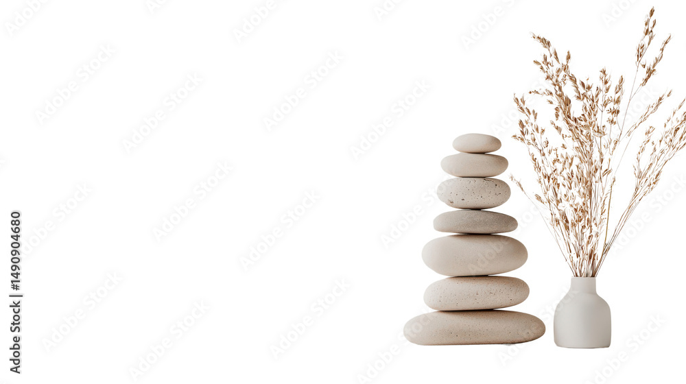 Fototapeta premium Serene Arrangement of Smooth Stones and Natural Dried Grass in Minimalist Decor Display
