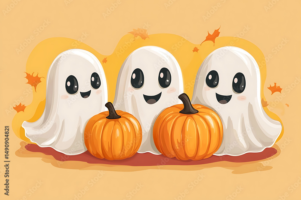 Obraz premium Three cheerful ghosts with pumpkins surrounded by autumn leaves on a warm background