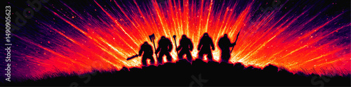 Epic Vector Art of Five Warrior Silhouettes Holding Weapons Standing on Battleground Hill with Dramatic Explosive Flaming Fire and Vibrant Cosmic Sky Background Scene