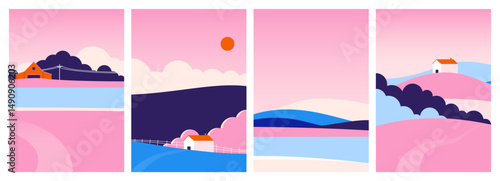 Abstract landscape backgrounds. Nature banners with forest mountain river view, minimal decorative countryside scenery, contemporary panorama with hills. Vector mountain posters set