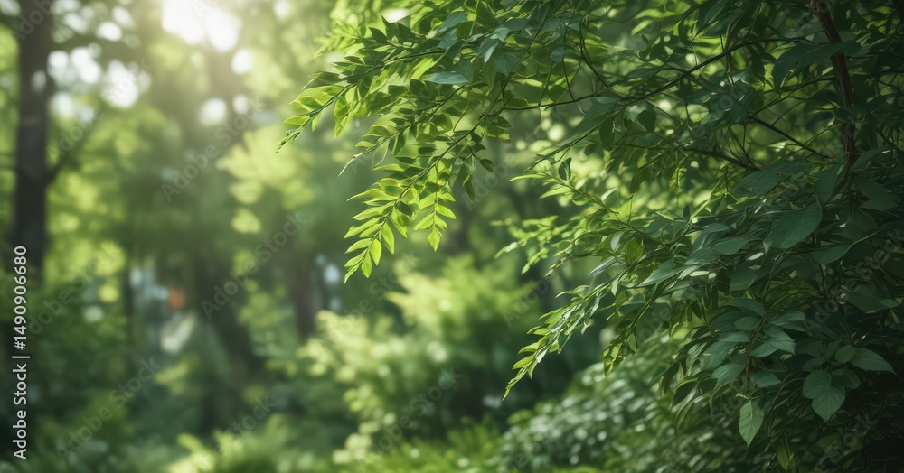 Fototapeta premium Blurred green foliage, soft light, indistinct shapes, bokeh, foliage