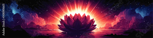 Mystical Vector Art of Majestic Lotus Flower Floating on Cosmic Water with Brilliant Sunrise Magic Sky Featuring Spiritual Cosmic Galaxy Clouds and Stars Background