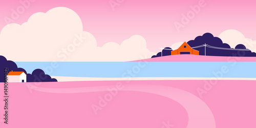 Spring fields landscape. Abstract mountain nature panorama with hills, house and bushes. Minimal countryside scenery with meadows. Vector contemporary background