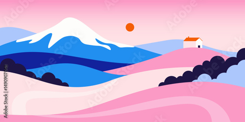 Mountain landscape background. Nature horizontal panorama with hills, forest and barn house, abstract minimal summer view with mountains hills and sun. Vector illustration