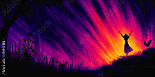 Inspirational Silhouette of Woman Celebrating Sunrise Joyful Morning Vector Illustration with Colorful Vibrant Sky Radiant Light Rooster Nature Beautiful Landscape Scene