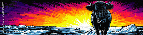 Stunning Vector Illustration of Majestic Buffalo Standing on Arctic Ice with Dramatic Vibrant Sunset Sky Featuring Pink Purple Orange Yellow and Blue Color Palette