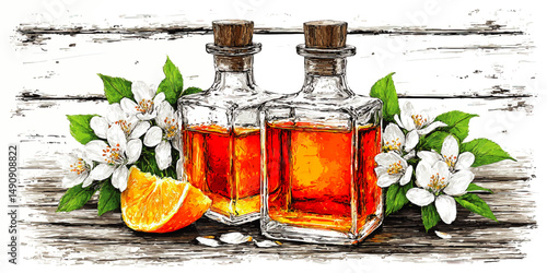 Vector Illustration of Aromatic Essential Oil Bottles with Fresh Orange Slice and White Blossoms on Rustic Wooden Background for Spa Aromatherapy Wellness Concept