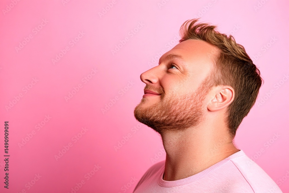 Fototapeta premium Visual idea of style for aging men. Pink solid background. A peaceful man enjoying a relaxed studio shoot. Classy men's short caesar haircut - midlife white man with blond hair.