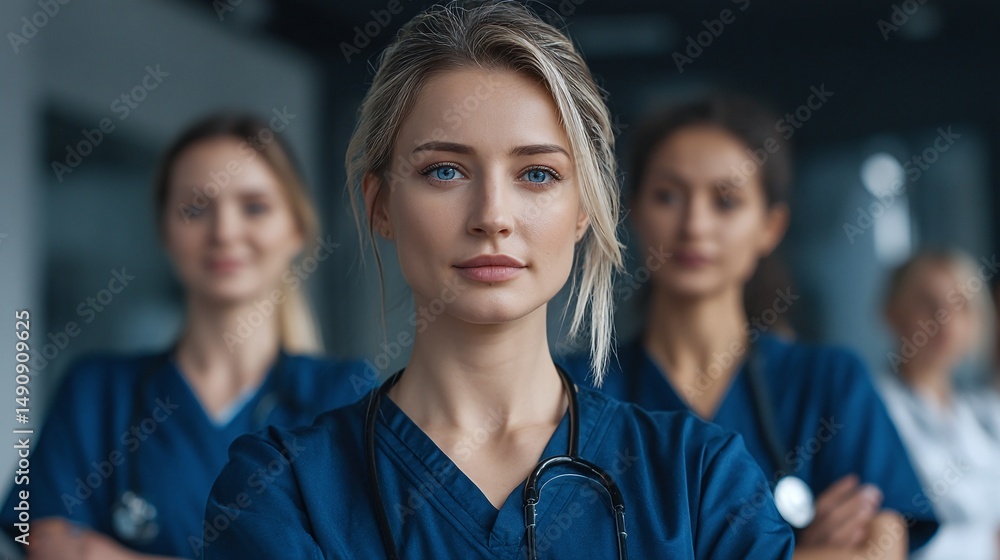 Fototapeta premium Team of medical professionals. Confident women wearing scrubs stand together. Dedicated healthcare workers, ready to provide care and support. Strong and compassionate.