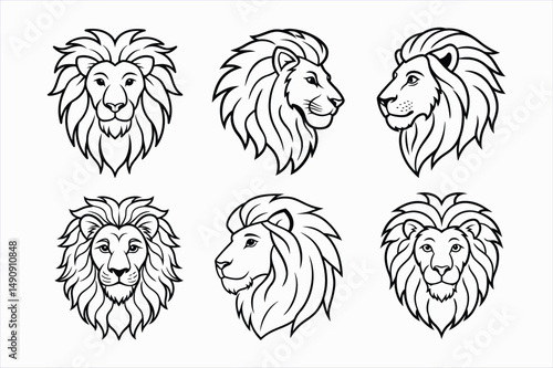 set of lion head line art vector illustration