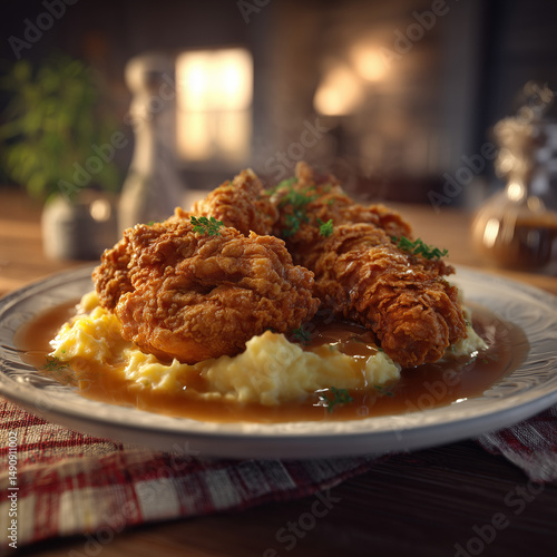 A plate of golden crispy fried chicken with mashed potatoes and gravy