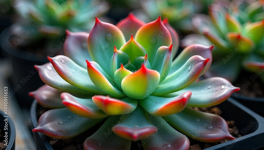 Vibrant Succulent with RedTipped Leaves and Water Droplets CloseUp Vibrant Succulent with RedTipped Leaves and Water Droplets CloseUp
