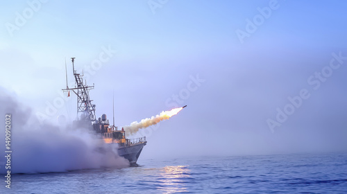 naval vessel launches missile into sky, creating dramatic scene with smoke and water. atmosphere is tense and powerful