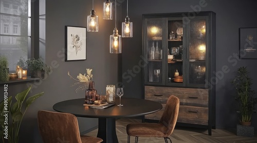 Wallpaper Mural Dark, modern dining area with a glass-fronted cabinet. Torontodigital.ca