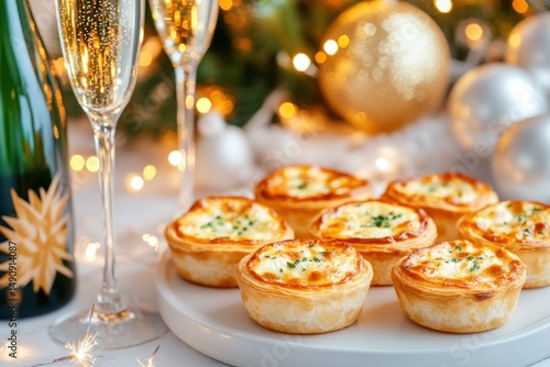 Festive New Year buffet with mini quiches and celebratory decorations creating a joyful atmosphere