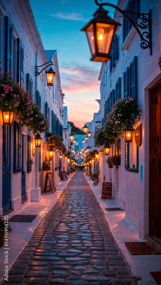 Fototapeta premium Charming cobblestone alley illuminated by vintage lanterns in a picturesque village at dusk 
