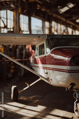 Light aircraft inside the hangar with the sun trapped inside the hangar
