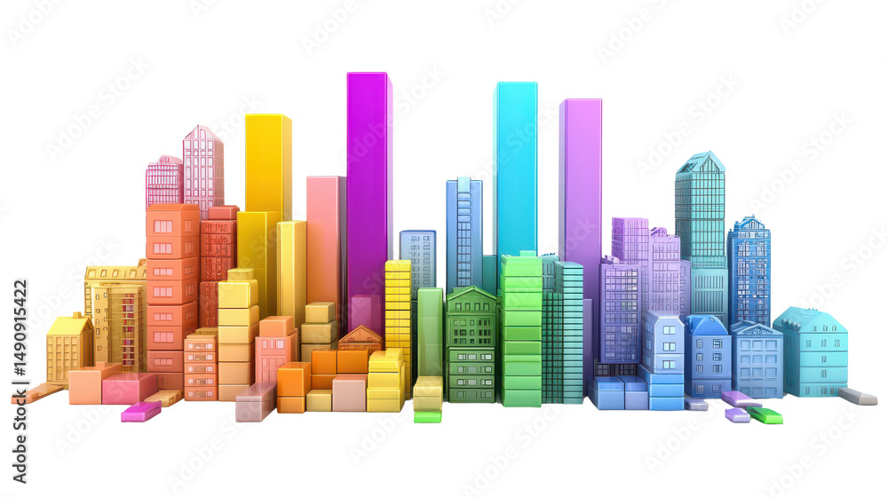 Obraz premium Colorful 3D Cityscape Model Featuring Various Buildings and Skyscrapers with Vibrant Tones