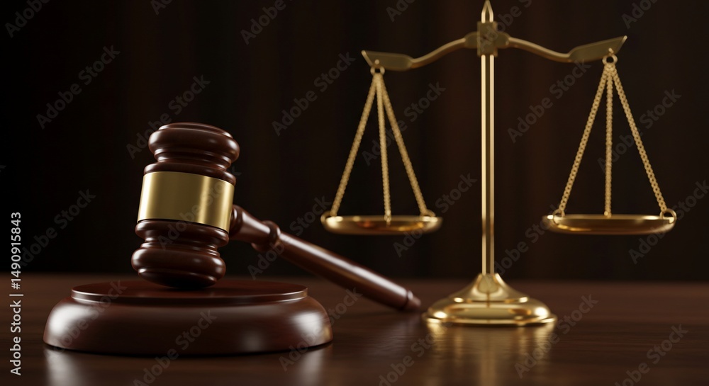 Golden scales and gavel on wooden table Golden scales and gavel on wooden table