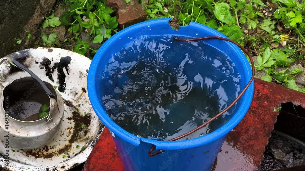 Water drips in a blue bucket sitting on a red box in the grass