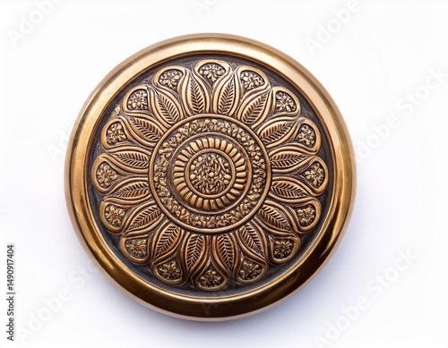 round vintage button showing carved flower design on white background