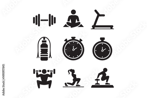 Fitness and Workout Icon Set in Black Silhouette Style