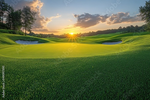 Beautiful sunset over a golf course with vibrant greens and serene landscape in the late afternoon