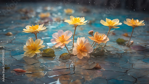 Wildflowers Blooming on Cracked Marble with Golden Light