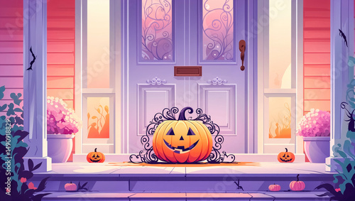 Festive autumn porch decorated with carved pumpkins and seasonal plants during twilight hours