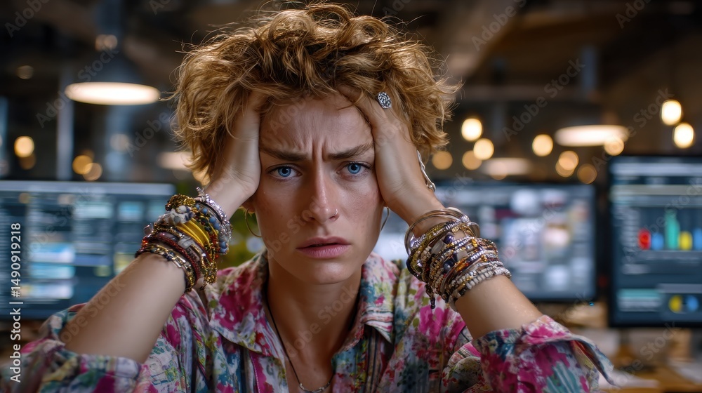 Fototapeta premium Frustrated woman in tech workspace, young professional with messy hair expressing stress in front of multiple screens, copy-space available.