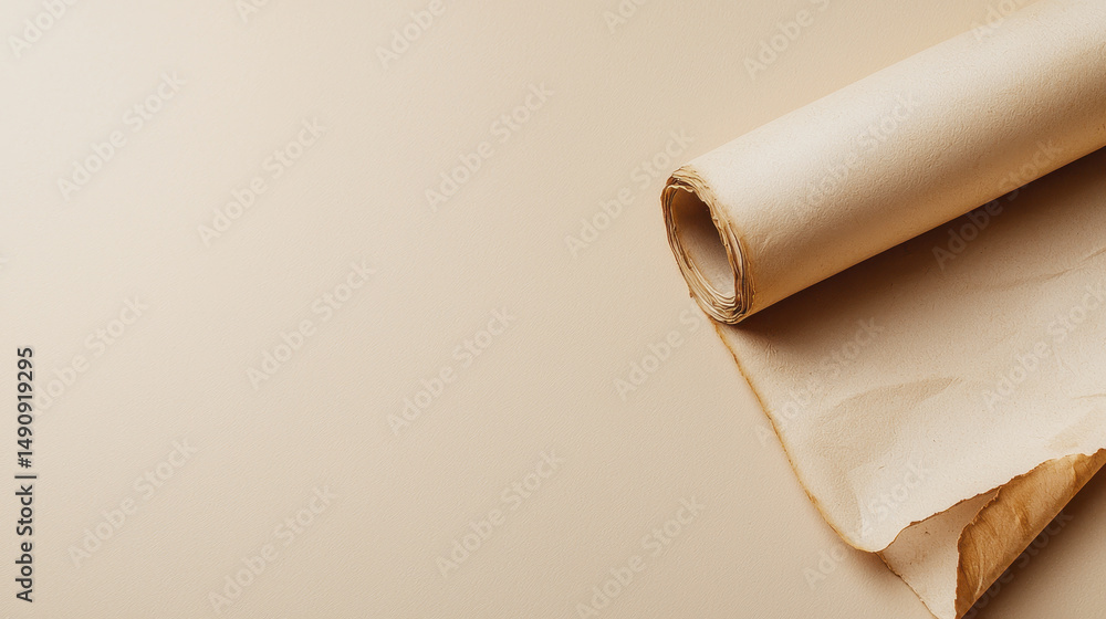 Fototapeta premium Rolled paper on beige background, showcasing smooth texture and subtle color variations, perfect for creative projects