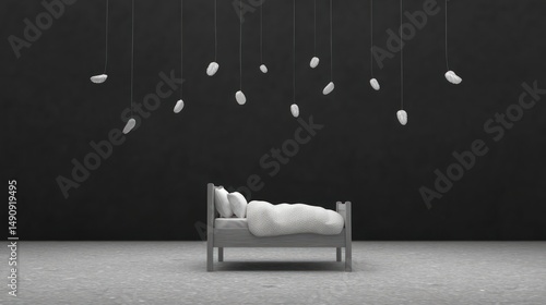 Floating bed in a surreal black void filled with broken threads evokes loneliness and isolation in a dreamlike atmosphere