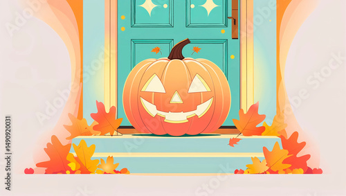 Colorful autumn porch decorated with a carved pumpkin and fallen leaves 