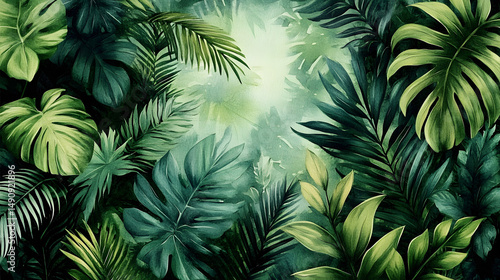Wallpaper Mural Watercolor background of tropical green plants. Vintage green.  Torontodigital.ca