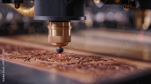  Laser engraving machine working on leather or acrylic in small business studio, close-up of customized product process