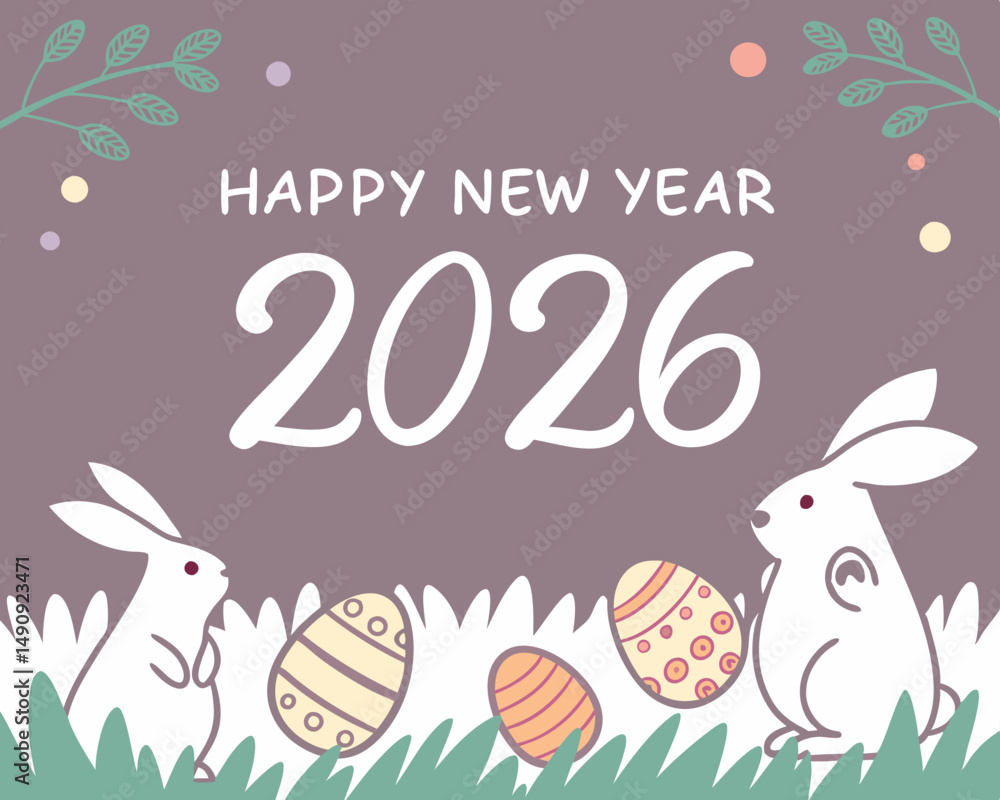 Easter decorations border with white Handwriting thin Letters Happy new year 2026 Easter over Easter background with bunnies, eggs and flowers Easter decorations border with white Handwriting thin Letters Happy new year 2026 Easter over Easter background with bunnies, eggs and flowers