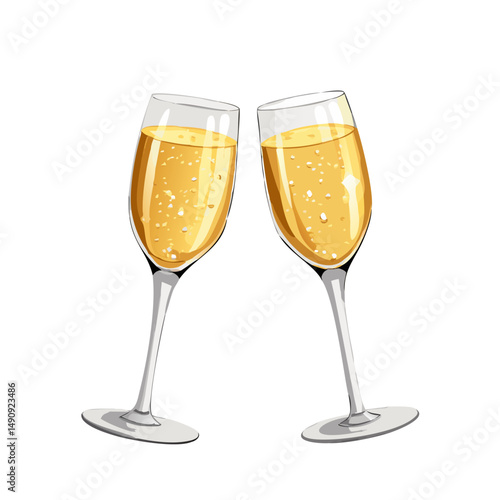 Champagne Toast Celebration, Two champagne flutes with sparkling wine isolated on transparent background